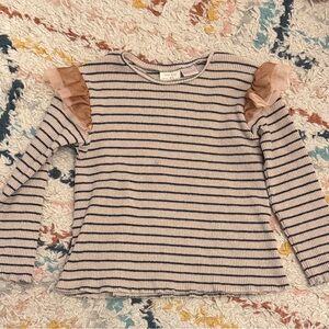 ✨5/$25✨Cream and Navy Striped Long Sleeve Top with Pink Ruffle Shoulders